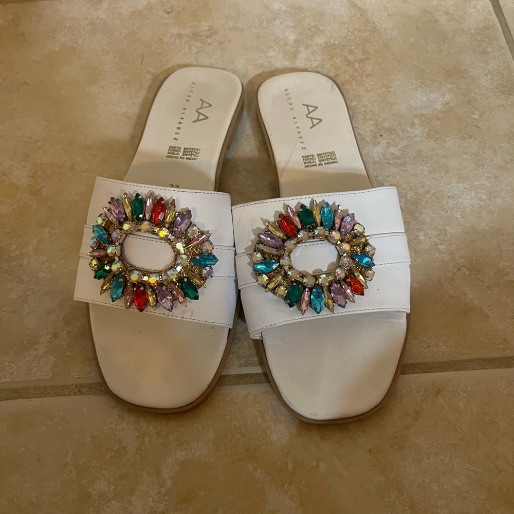 Embellished White Slide Sandals